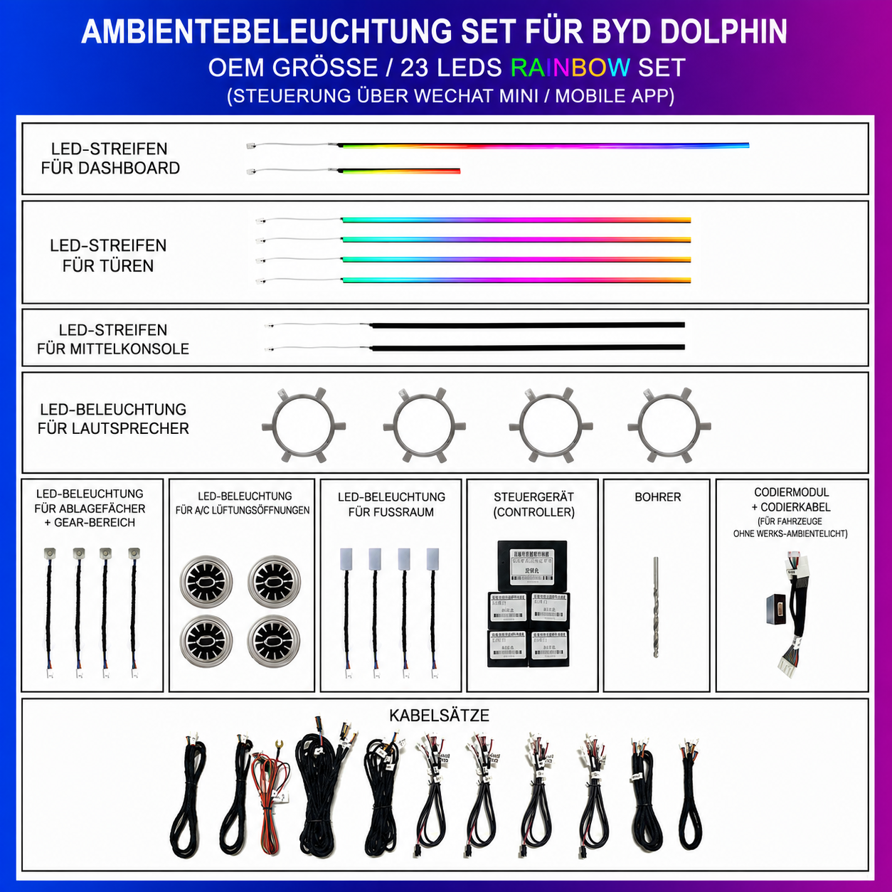 Ambientebeleuchtung Set für BYD Dolphin LED RGB dynamisch mit LED Leisten & App Steuerung Innenraumbeleuchtung Nachrüstung