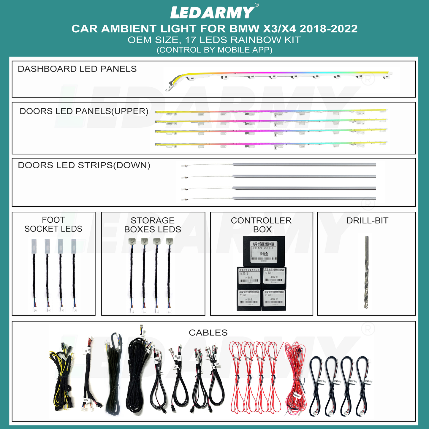 Ambientebeleuchtung Set für BMW X3 G01 & X4 G02 2018-2022 Dynamische RGB LED Leisten mit App Steuerung