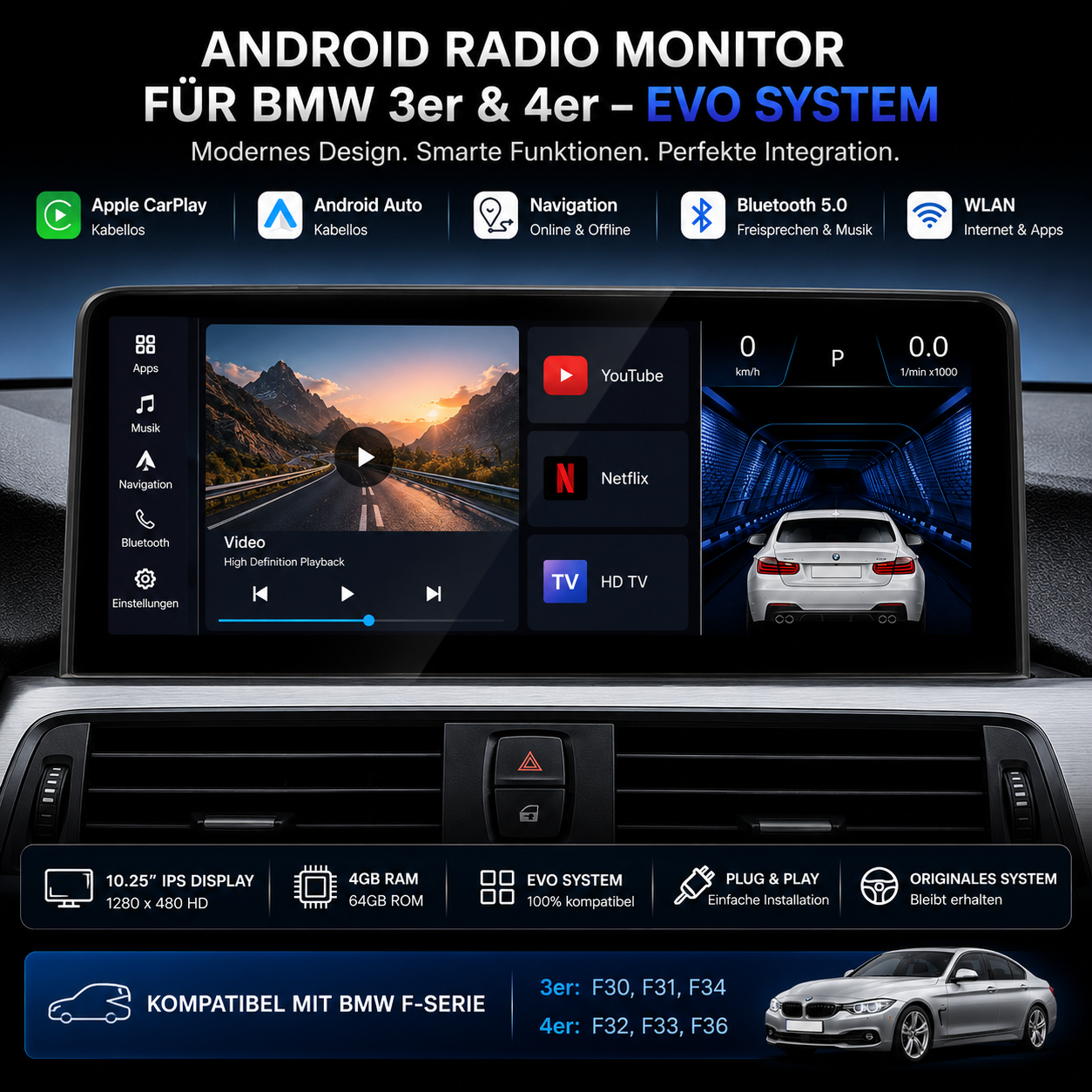 Android Radio Monitor BMW 3er 4er F30 F31 F32 F33 F36 10.25 Zoll EVO NBT CIC CCC 4GB 64GB CarPlay Android Auto Navigation