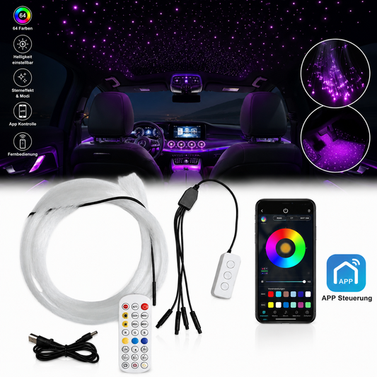 LED RGB Sternenhimmel Auto Lichtprojektor 4× 80 Lichtleiterfasern 64 Farben App & Fernbedienung für Dachhimmel und LED Fußmatten