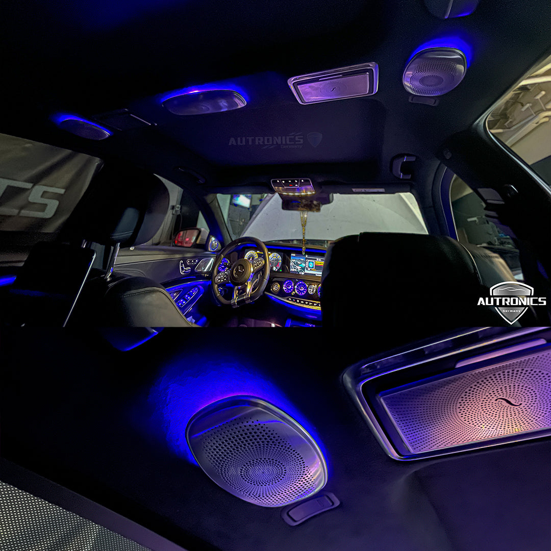 LED RGB Deckenlautsprecher Hochtöner 64 Farben für Mercedes-Benz E/S/G-Klasse W213 W222 W464 beleuchtete Roof Top Lautsprecher Ambientebeleuchtung Nachrüst-Set