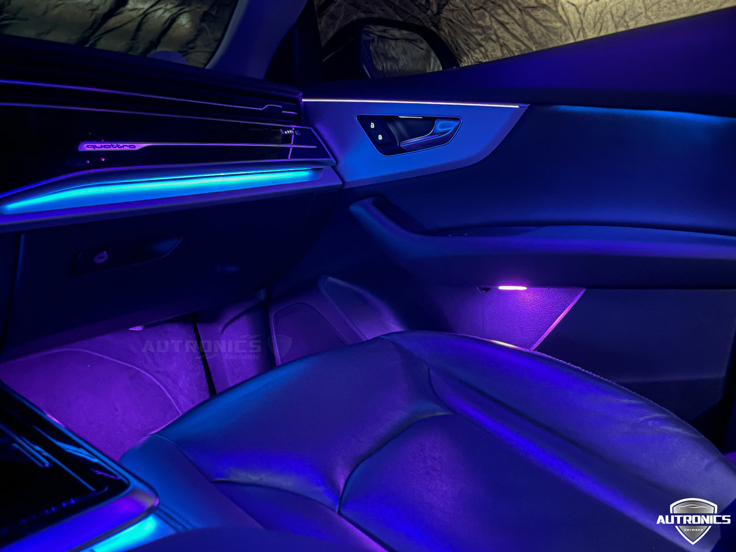 RGB LED Ambientebeleuchtung Nachrüstset mit integrierten LED Zierleisten für Audi Q8 ab 2019 Dynamische Rainbow Innenraumbeleuchtung mit App Steuerung & OEM Style Komplettset