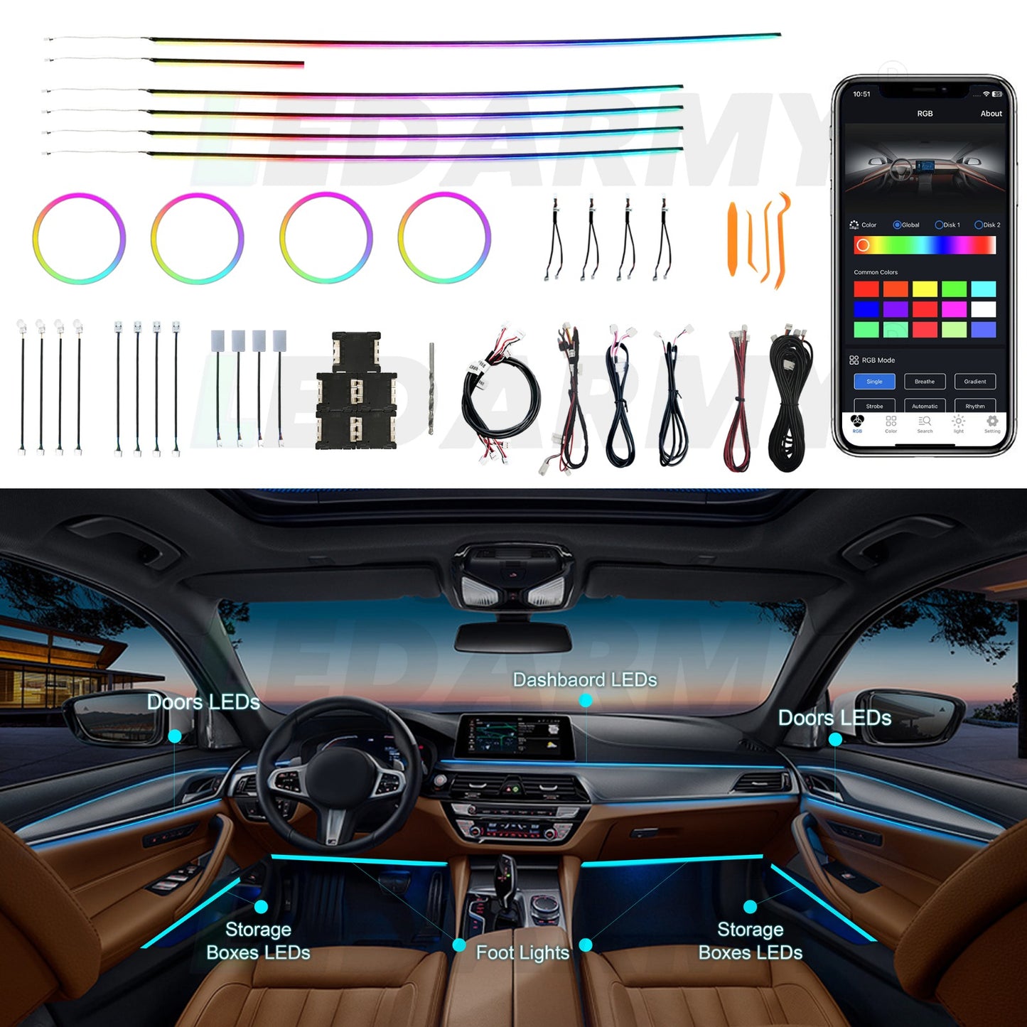 RGB LED Ambientebeleuchtung Auto Komplettset 22-Teiliges Innenraum Licht Kit mit App Steuerung & Montagezubehör Universal
