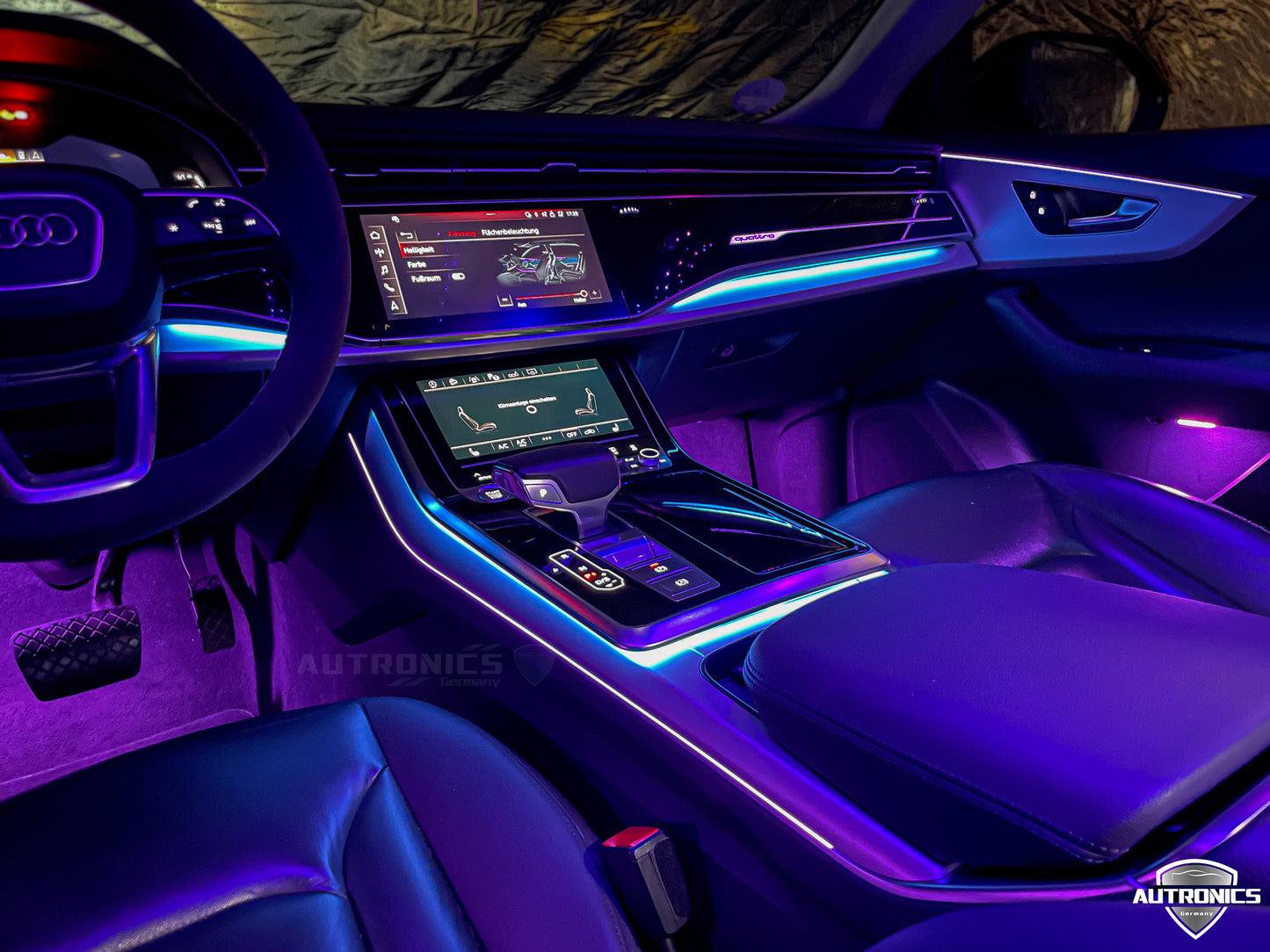 RGB LED Ambientebeleuchtung Nachrüstset mit integrierten LED Zierleisten für Audi Q8 ab 2019 Dynamische Rainbow Innenraumbeleuchtung mit App Steuerung & OEM Style Komplettset