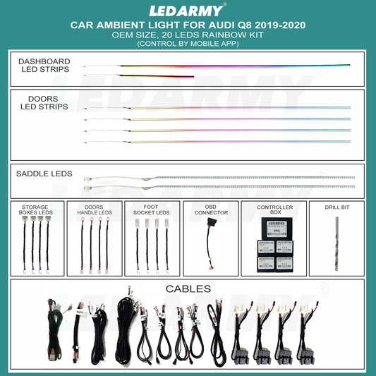 RGB LED Ambientebeleuchtung Nachrüstset mit integrierten LED Zierleisten für Audi Q8 ab 2019 Dynamische Rainbow Innenraumbeleuchtung mit App Steuerung & OEM Style Komplettset