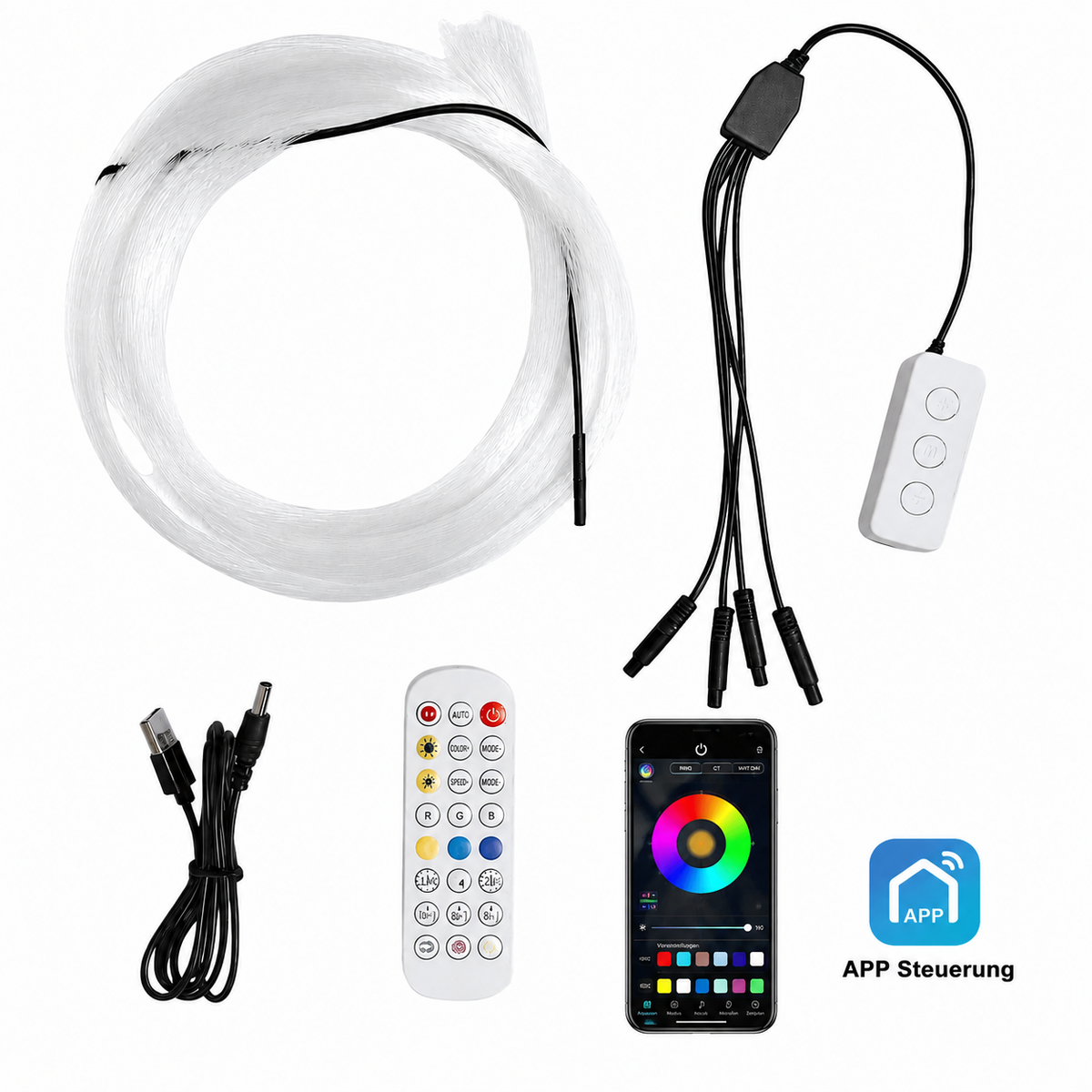 LED RGB Sternenhimmel Auto Lichtprojektor 4× 80 Lichtleiterfasern 64 Farben App & Fernbedienung für Dachhimmel und LED Fußmatten