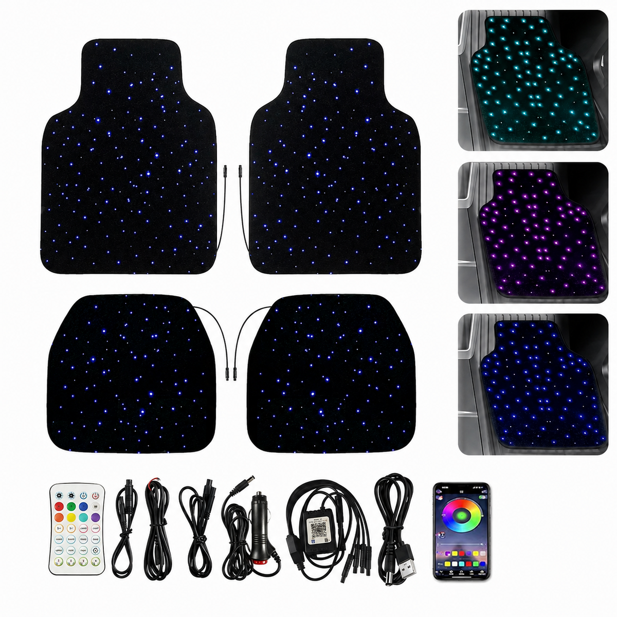 LED Auto Fußmatten RGB mit Sternenhimmel-Effekt Universelle LED Fußraumbeleuchtung für alle Fahrzeuge 64 Farben App- & Fernbedienung