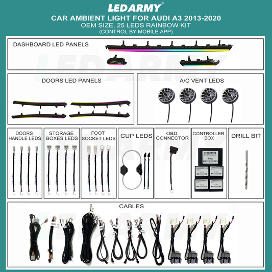 LED Ambientebeleuchtung Audi A3 8V 2013–2020 25 RGB Innenraum Lichter Set mit App-Steuerung