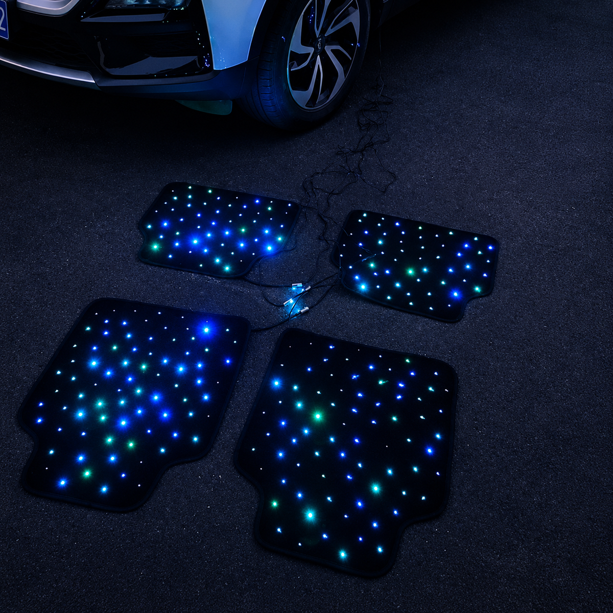 LED RGB Sternenhimmel Auto Lichtprojektor 4× 80 Lichtleiterfasern 64 Farben App & Fernbedienung für Dachhimmel und LED Fußmatten