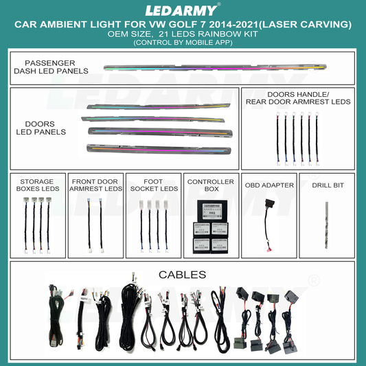 Ambientebeleuchtung 64 Farben Laser Carving für VW Golf 7 Komplettset 21 LED 2014–2021 mit App Steuerung