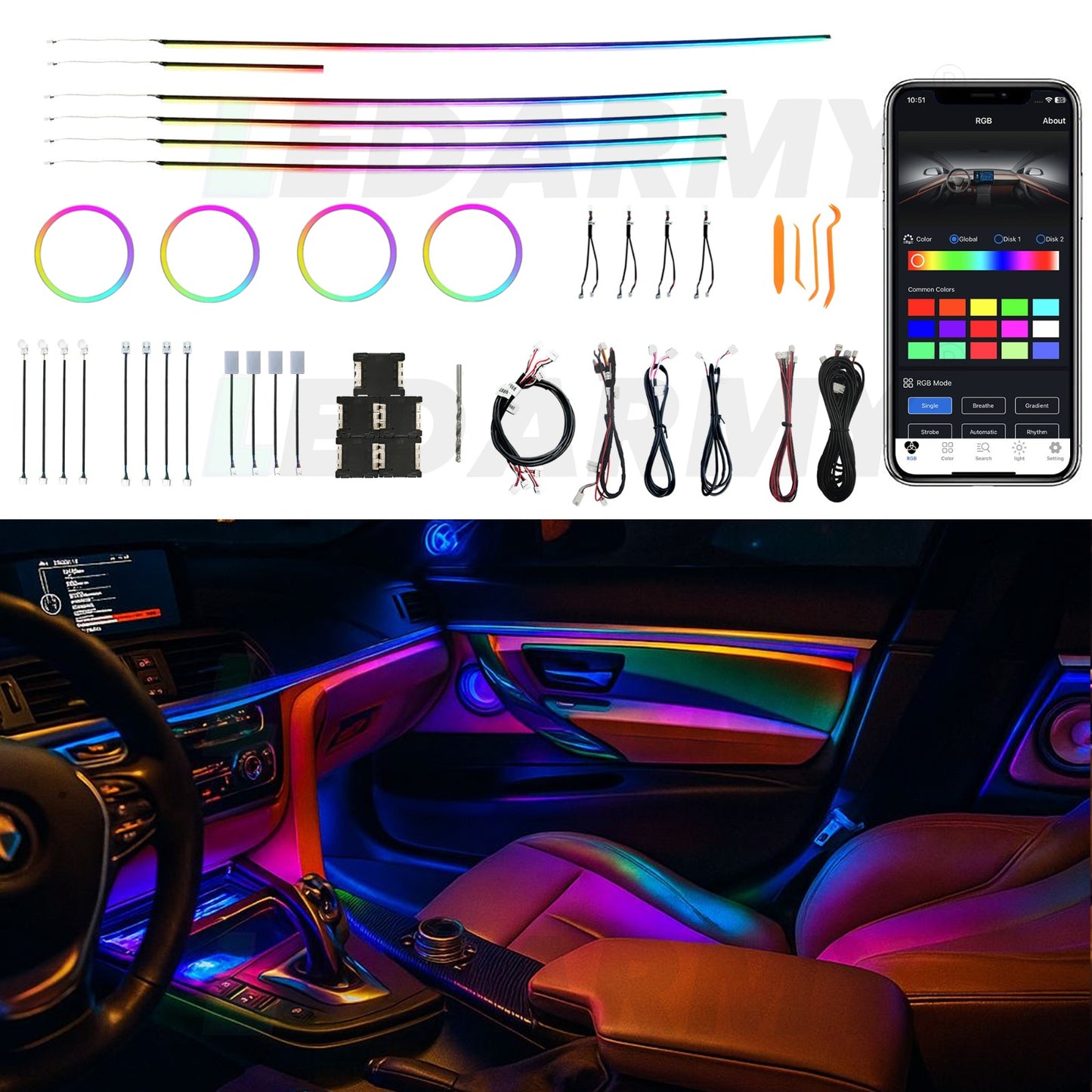 RGB LED Ambientebeleuchtung Auto Komplettset 22-Teiliges Innenraum Licht Kit mit App Steuerung & Montagezubehör Universal