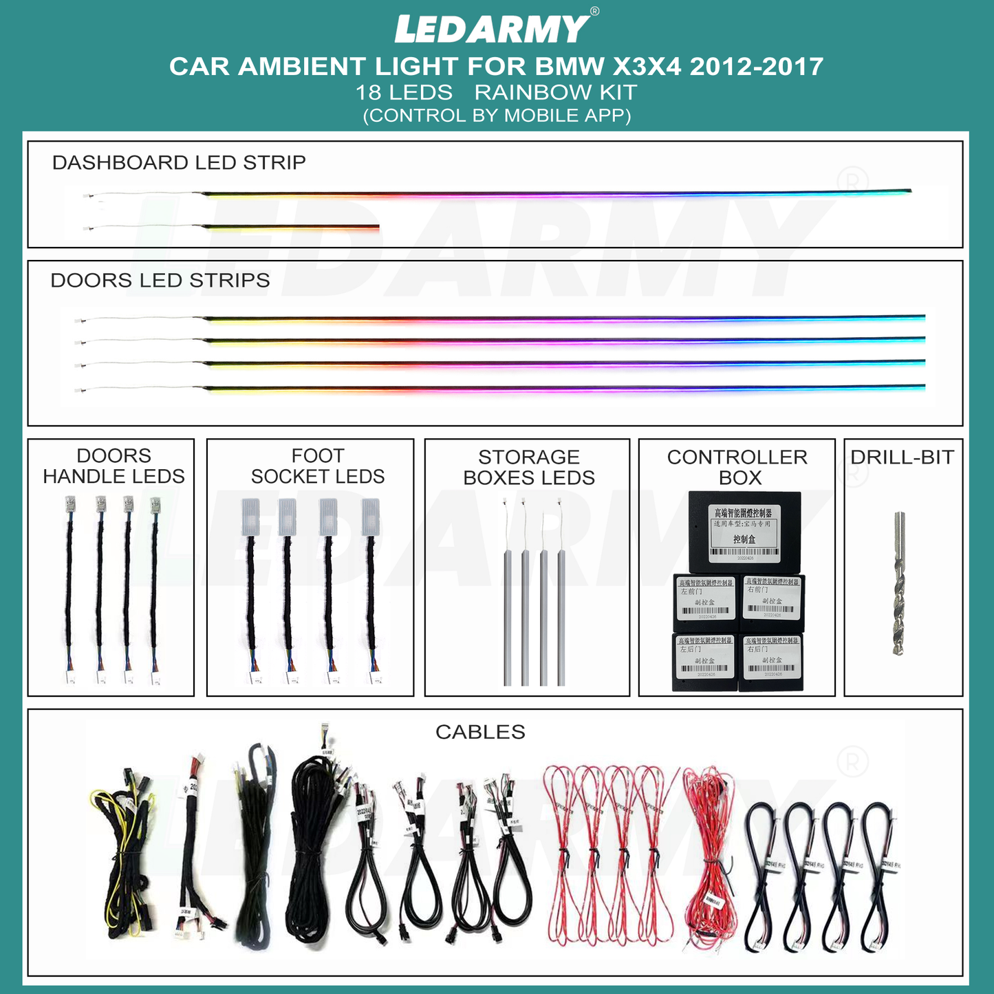 Ambientebeleuchtung Set für BMW X3 F25 & X4 F26 2012-2017 Dynamische RGB LED Leisten mit App Steuerung