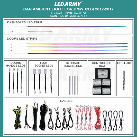 Ambientebeleuchtung Set für BMW X3 F25 & X4 F26 2012-2017 Dynamische RGB LED Leisten mit App Steuerung