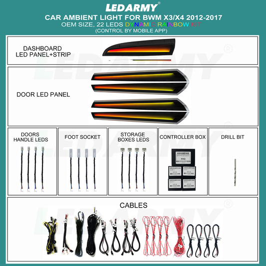 Ambientebeleuchtung Set für BMW X3 F25 & X4 F26 2012-2017 Dynamische RGB LED Zierleisten mit App Steuerung