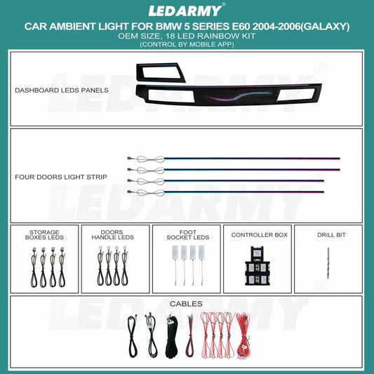 Ambientebeleuchtung Set für BMW 5er E60 E61 2004–2006 Galaxy Edition dynamische RGB LED Leisten mit App Steuerung