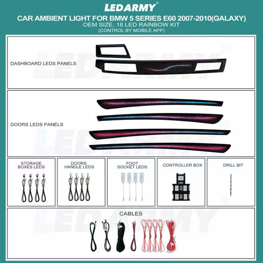 Ambientebeleuchtung Set für BMW 5er E60 LCI 2007–2010 Galaxy Edition dynamische RGB LED Leisten mit App Steuerung