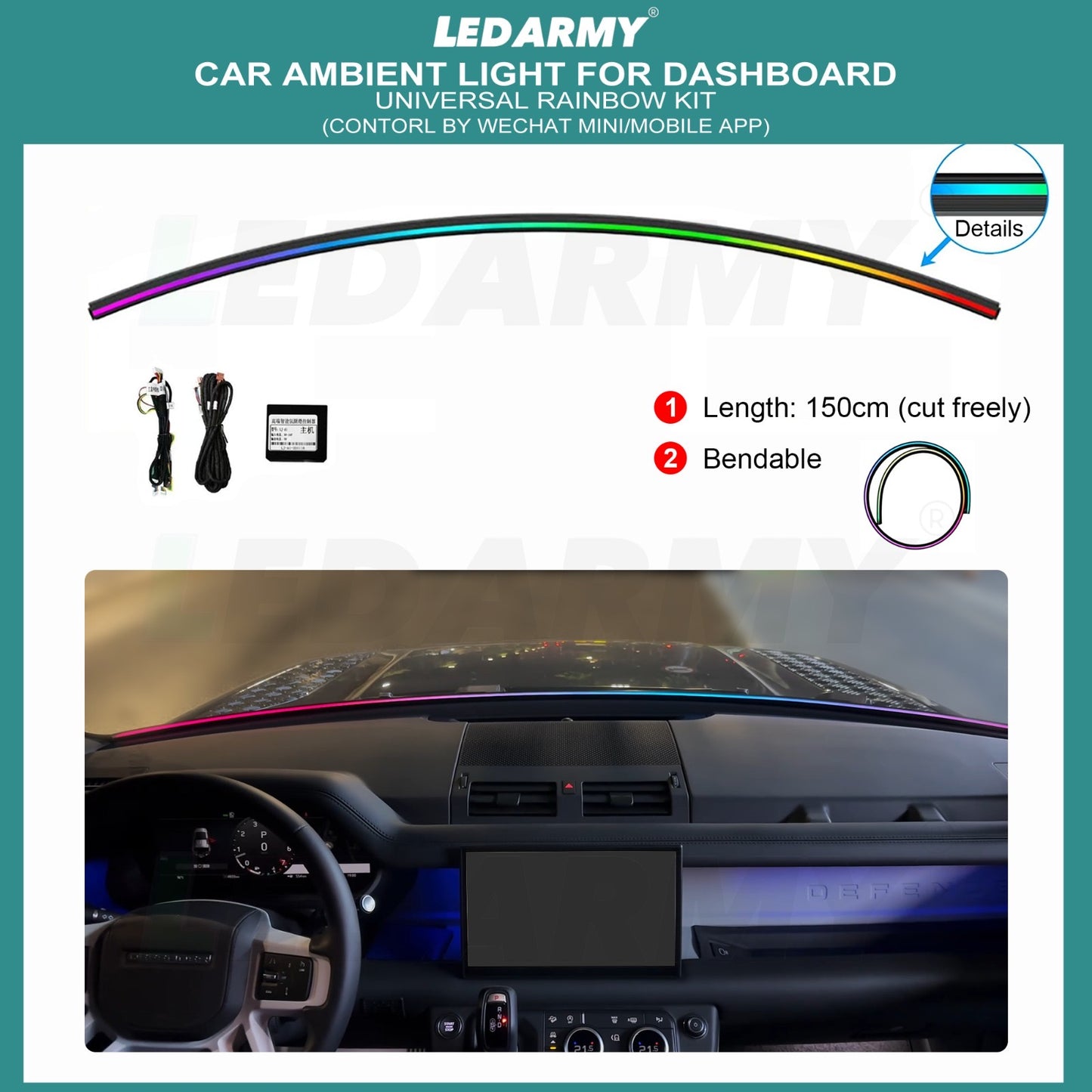 RGB Auto Cockpit Ambientebeleuchtung LED Streifen App Steuerung Dynamische Innenraumbeleuchtung Universal Lichtleiste