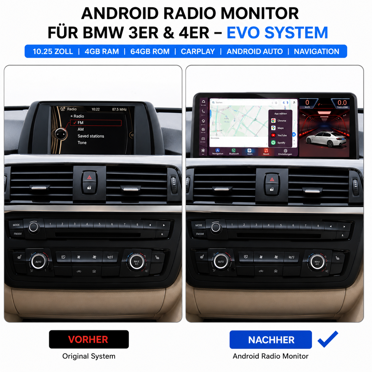 Android Radio Monitor BMW 3er 4er F30 F31 F32 F33 F36 10.25 Zoll EVO NBT CIC CCC 4GB 64GB CarPlay Android Auto Navigation