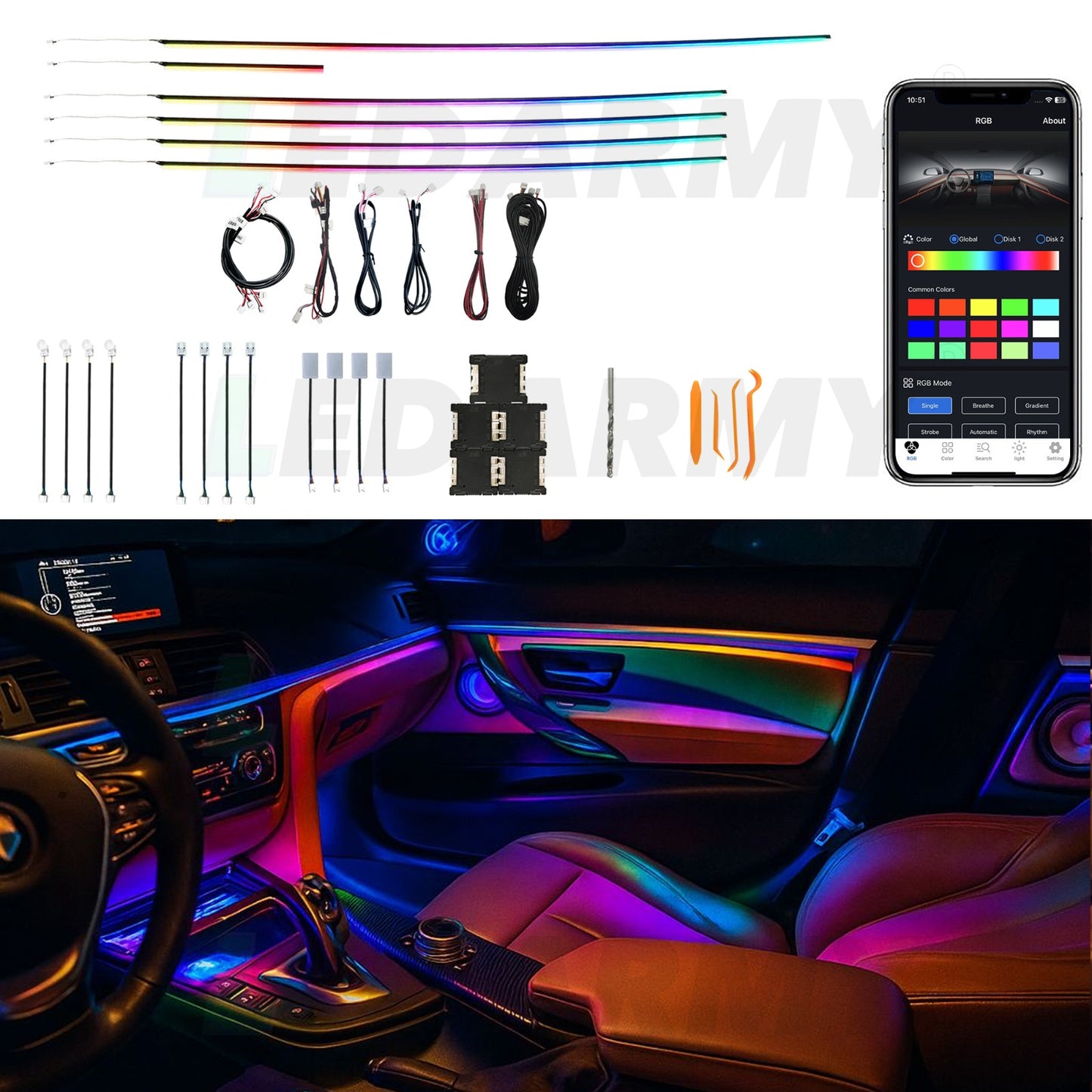 RGB LED Ambientebeleuchtung Auto Komplettset 18-Teiliges Innenraum Licht Kit mit App Steuerung & Montagezubehör Universal