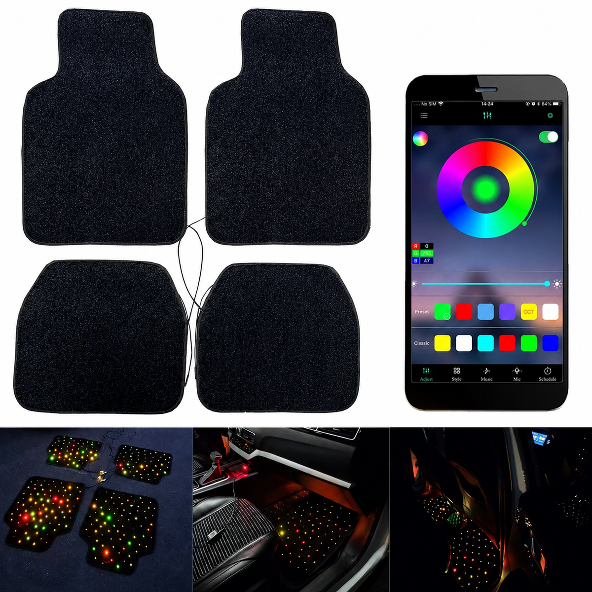 LED RGB Sternenhimmel Auto Lichtprojektor 4× 80 Lichtleiterfasern 64 Farben App & Fernbedienung für Dachhimmel und LED Fußmatten