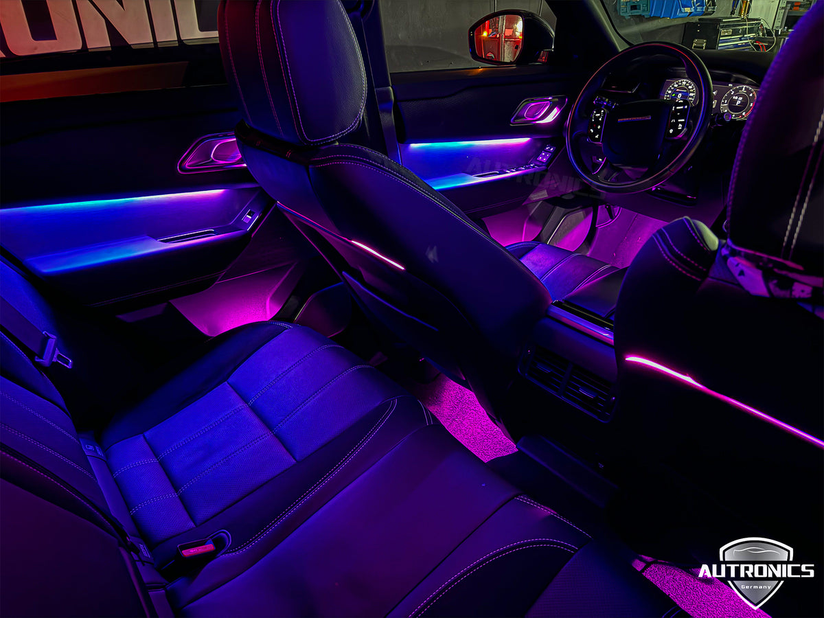 Ambientebeleuchtung 64 Farben Komplettset für Range Rover Velar 2017–2024 Dynamische RGB LED Innenraumbeleuchtung mit App-Steuerung