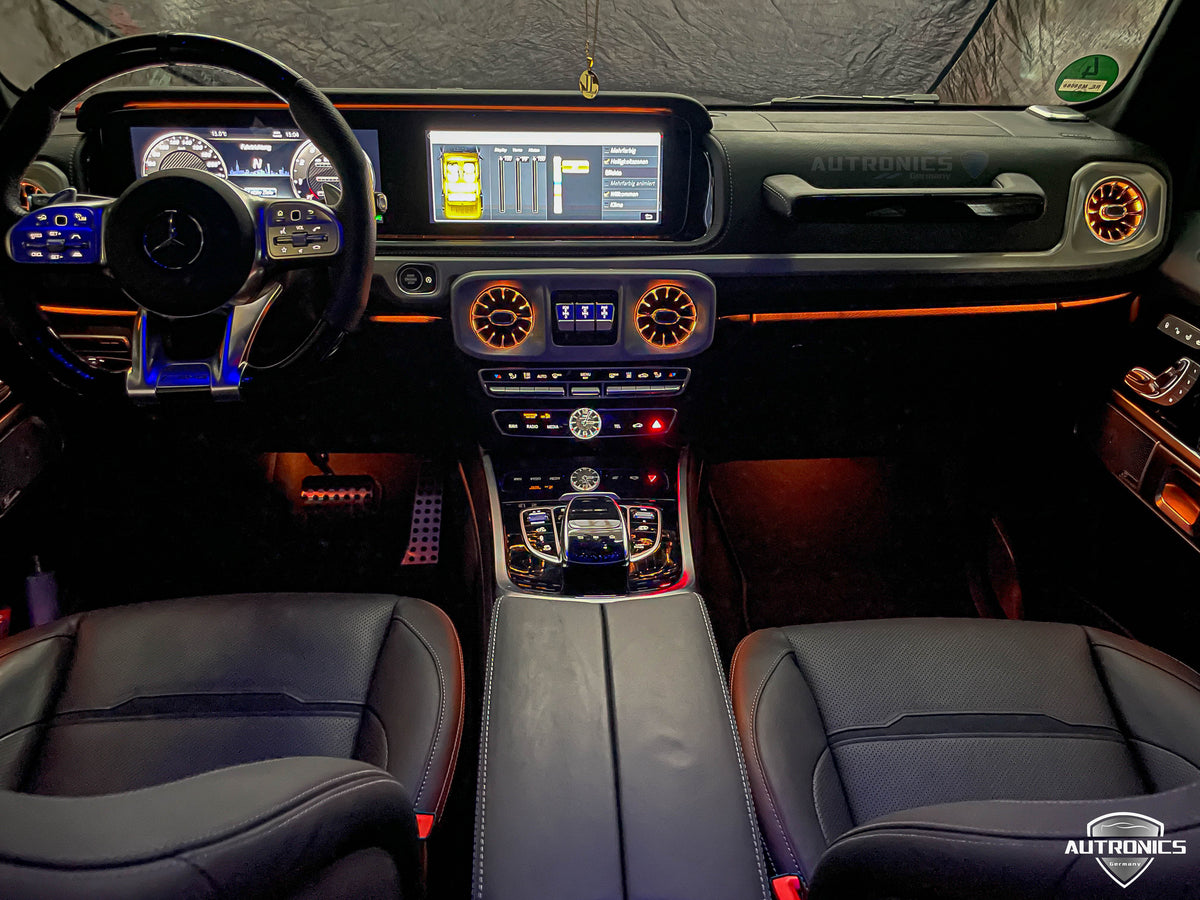 LED RGB Lüftungsdüsen 64 Farben für Mercedes-Benz G-Klasse W464 ab 2018 beleuchtete Luftdüsen vorne & hinten Ambientebeleuchtung Komplett-Set