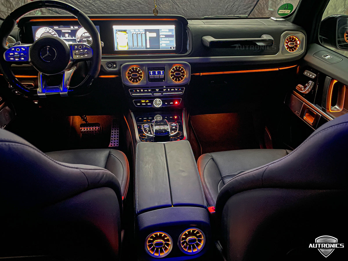 LED RGB Lüftungsdüsen 64 Farben für Mercedes-Benz G-Klasse W464 ab 2018 beleuchtete Luftdüsen vorne & hinten Ambientebeleuchtung Komplett-Set