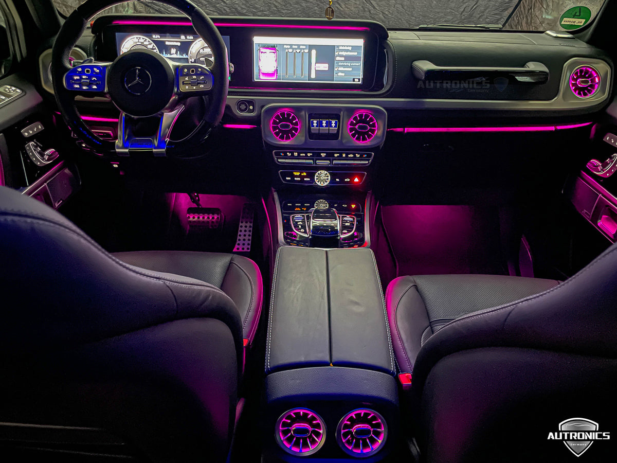 LED RGB Lüftungsdüsen 64 Farben für Mercedes-Benz G-Klasse W464 ab 2018 beleuchtete Luftdüsen vorne & hinten Ambientebeleuchtung Komplett-Set