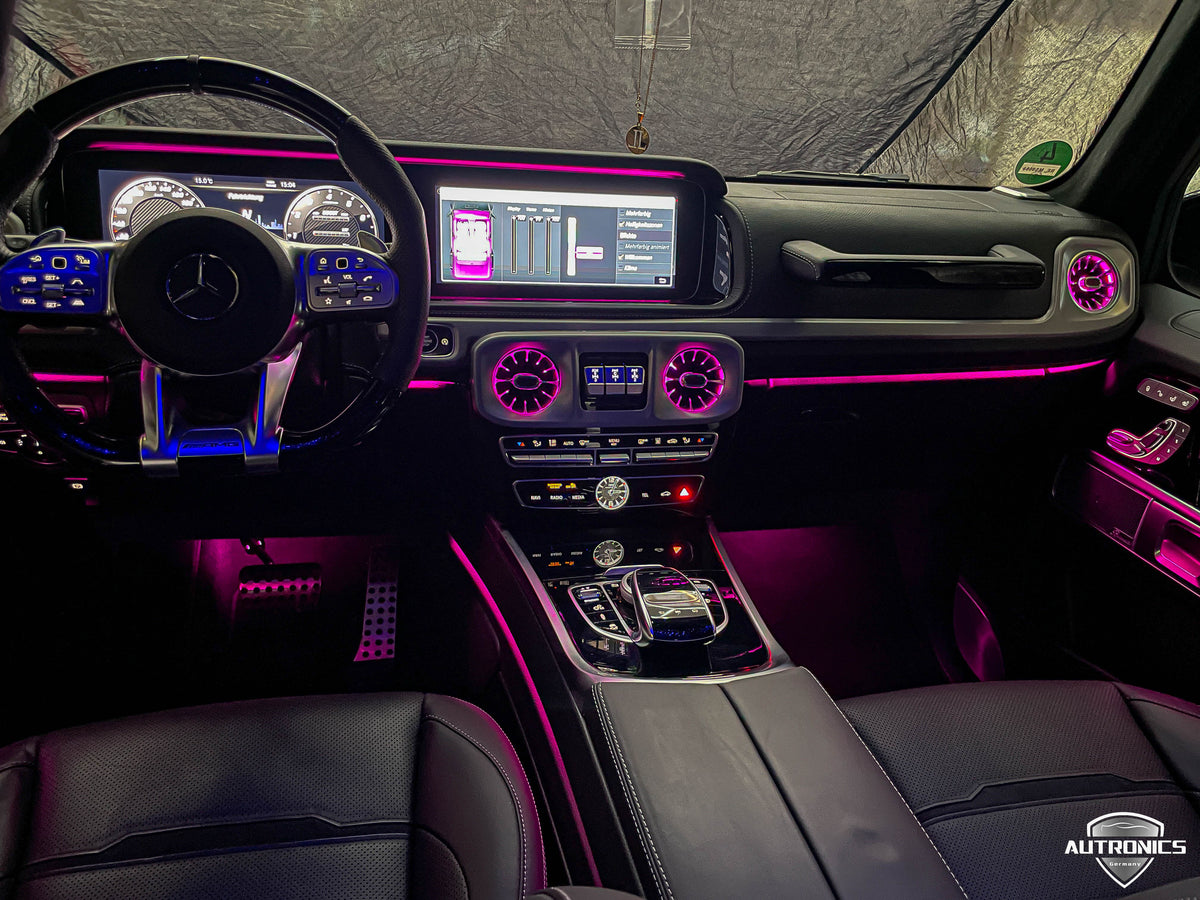 LED RGB Lüftungsdüsen 64 Farben für Mercedes-Benz G-Klasse W464 ab 2018 beleuchtete Luftdüsen vorne & hinten Ambientebeleuchtung Komplett-Set