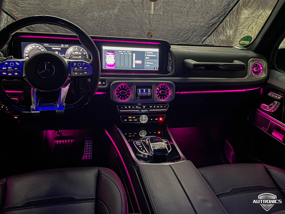 LED RGB Lüftungsdüsen 64 Farben für Mercedes-Benz G-Klasse W464 ab 2018 beleuchtete Luftdüsen vorne & hinten Ambientebeleuchtung Komplett-Set
