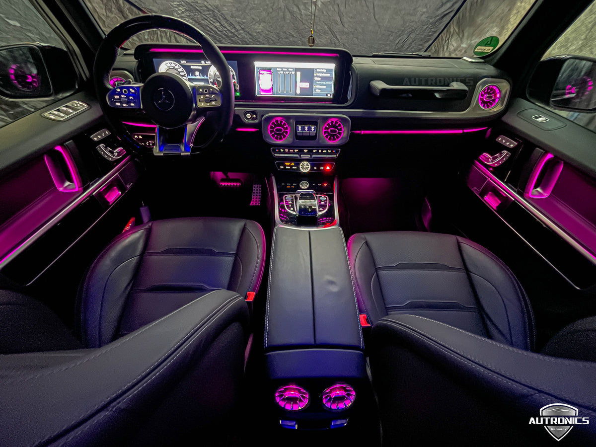 LED RGB Lüftungsdüsen 64 Farben für Mercedes-Benz G-Klasse W464 ab 2018 beleuchtete Luftdüsen vorne & hinten Ambientebeleuchtung Komplett-Set