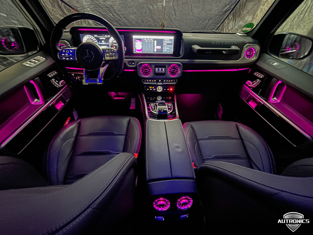 LED RGB Lüftungsdüsen 64 Farben für Mercedes-Benz G-Klasse W464 ab 2018 beleuchtete Luftdüsen vorne & hinten Ambientebeleuchtung Komplett-Set