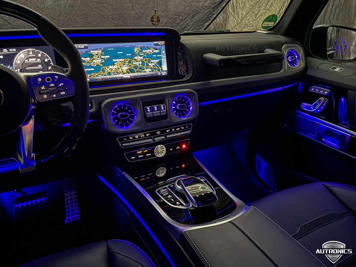LED RGB Lüftungsdüsen 64 Farben für Mercedes-Benz G-Klasse W464 ab 2018 beleuchtete Luftdüsen vorne & hinten Ambientebeleuchtung Komplett-Set