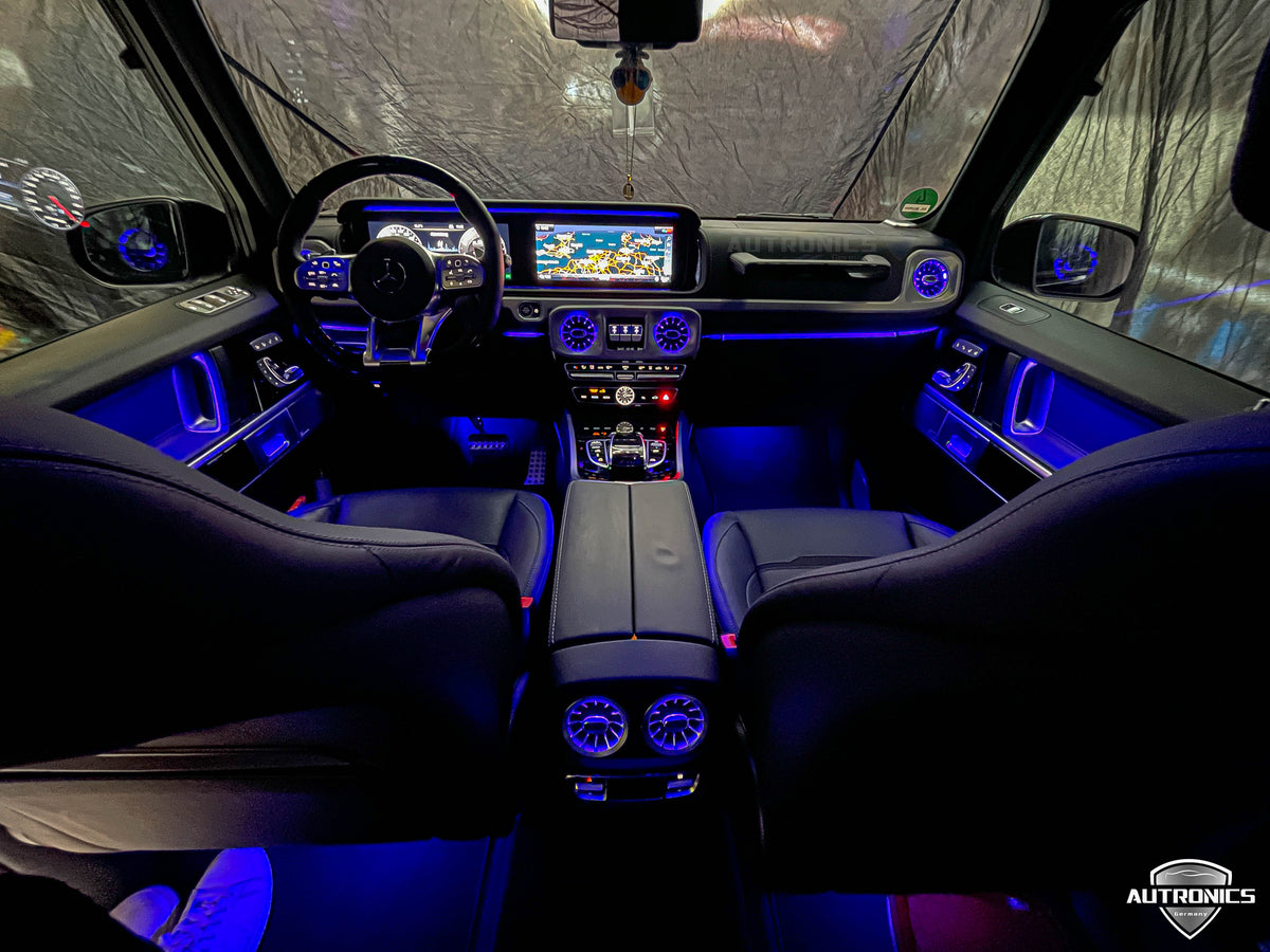 LED RGB Lüftungsdüsen 64 Farben für Mercedes-Benz G-Klasse W464 ab 2018 beleuchtete Luftdüsen vorne & hinten Ambientebeleuchtung Komplett-Set