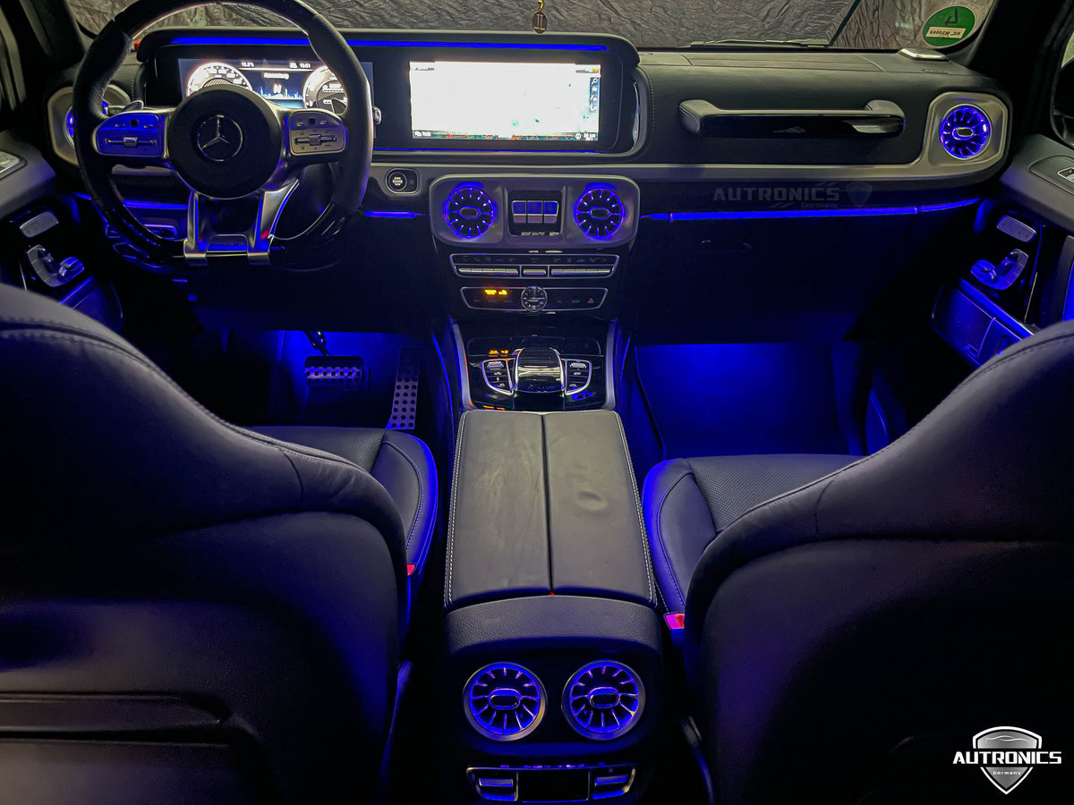 LED RGB Lüftungsdüsen 64 Farben für Mercedes-Benz G-Klasse W464 ab 2018 beleuchtete Luftdüsen vorne & hinten Ambientebeleuchtung Komplett-Set