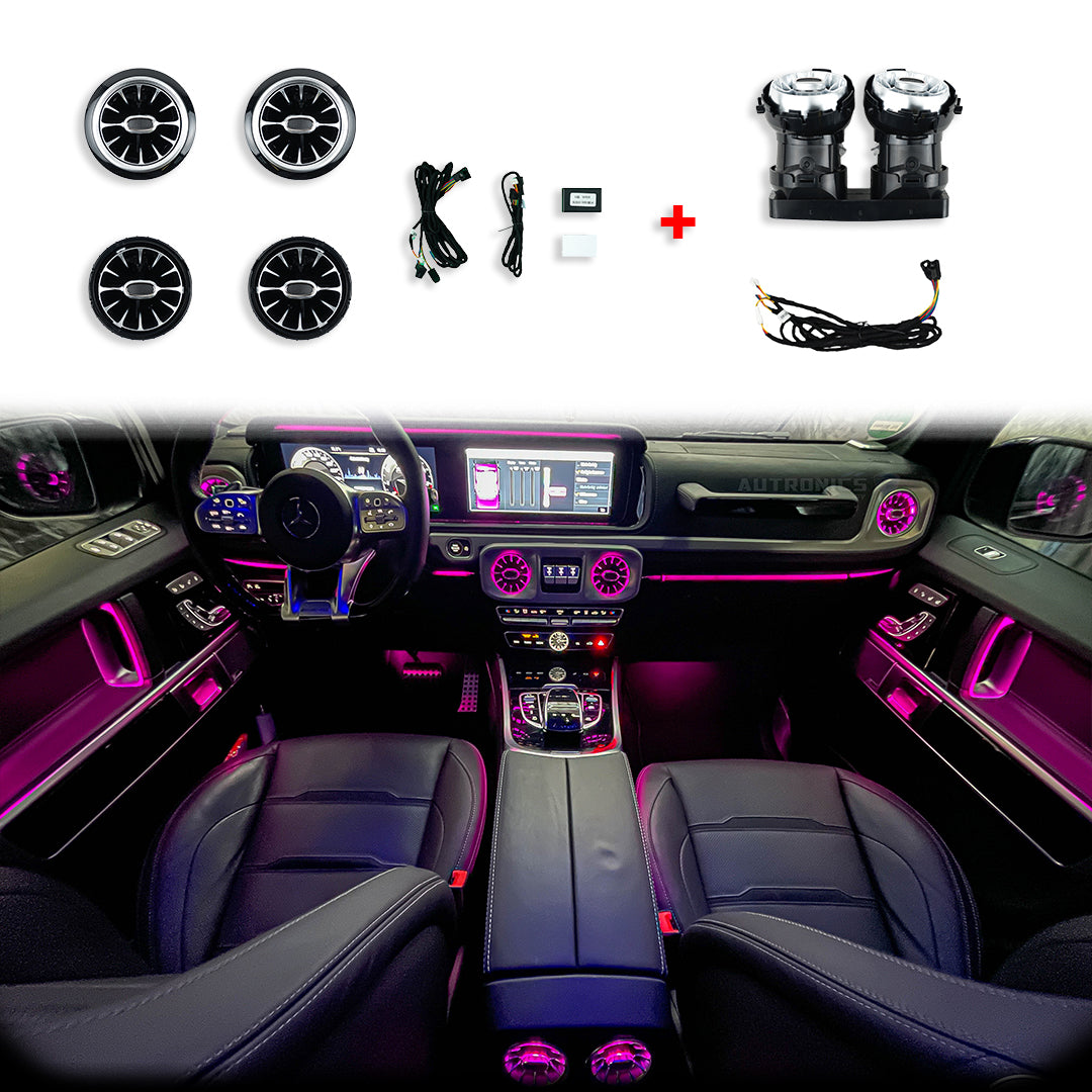 LED RGB Lüftungsdüsen 64 Farben für Mercedes-Benz G-Klasse W464 ab 2018 beleuchtete Luftdüsen vorne & hinten Ambientebeleuchtung Komplett-Set