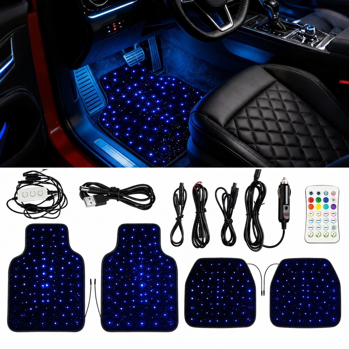 LED Auto Fußmatten RGB mit Sternenhimmel-Effekt Universelle LED Fußraumbeleuchtung für alle Fahrzeuge 64 Farben App- & Fernbedienung