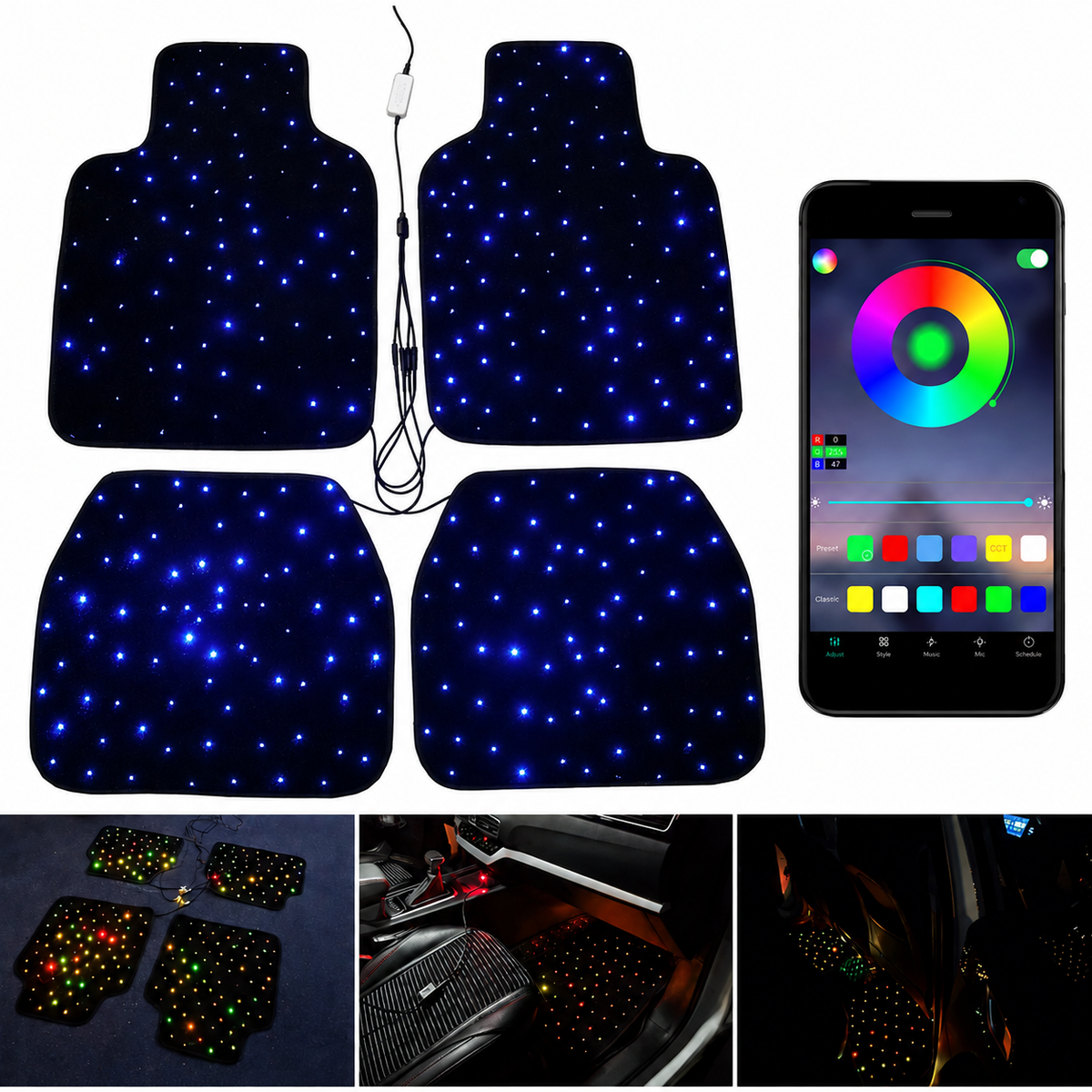 LED Auto Fußmatten RGB mit Sternenhimmel-Effekt Universelle LED Fußraumbeleuchtung für alle Fahrzeuge 64 Farben App- & Fernbedienung