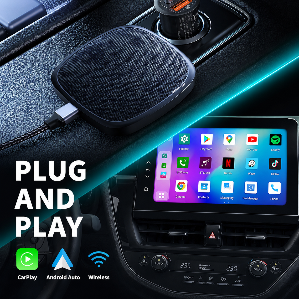 CarPlay AI Box kabellos Android 13 6GB RAM 64GB SIM Karte Netflix YouTube für Auto Wireless CarPlay Adapter Universal