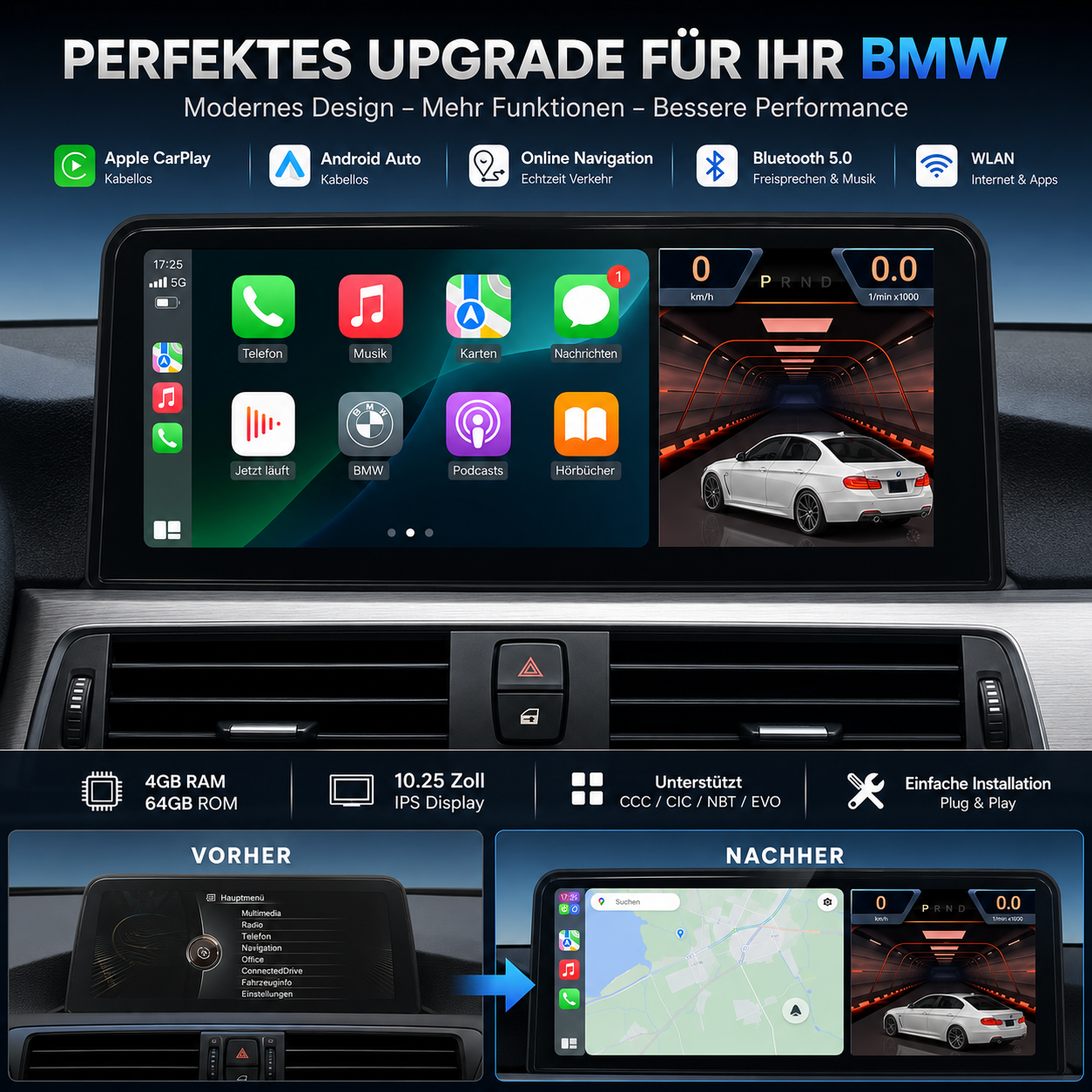 Android Radio Monitor BMW 3er 4er F30 F31 F32 F33 F36 10.25 Zoll EVO NBT CIC CCC 4GB 64GB CarPlay Android Auto Navigation