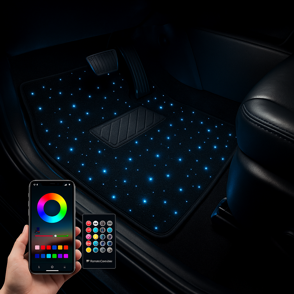 LED RGB Sternenhimmel Auto Lichtprojektor 4× 80 Lichtleiterfasern 64 Farben App & Fernbedienung für Dachhimmel und LED Fußmatten