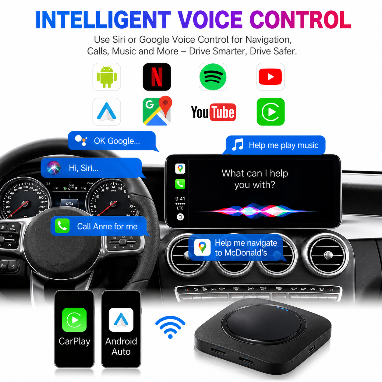 CarPlay AI Box kabellos Android 13 6GB RAM 64GB SIM Karte Netflix YouTube für Auto Wireless CarPlay Adapter Universal