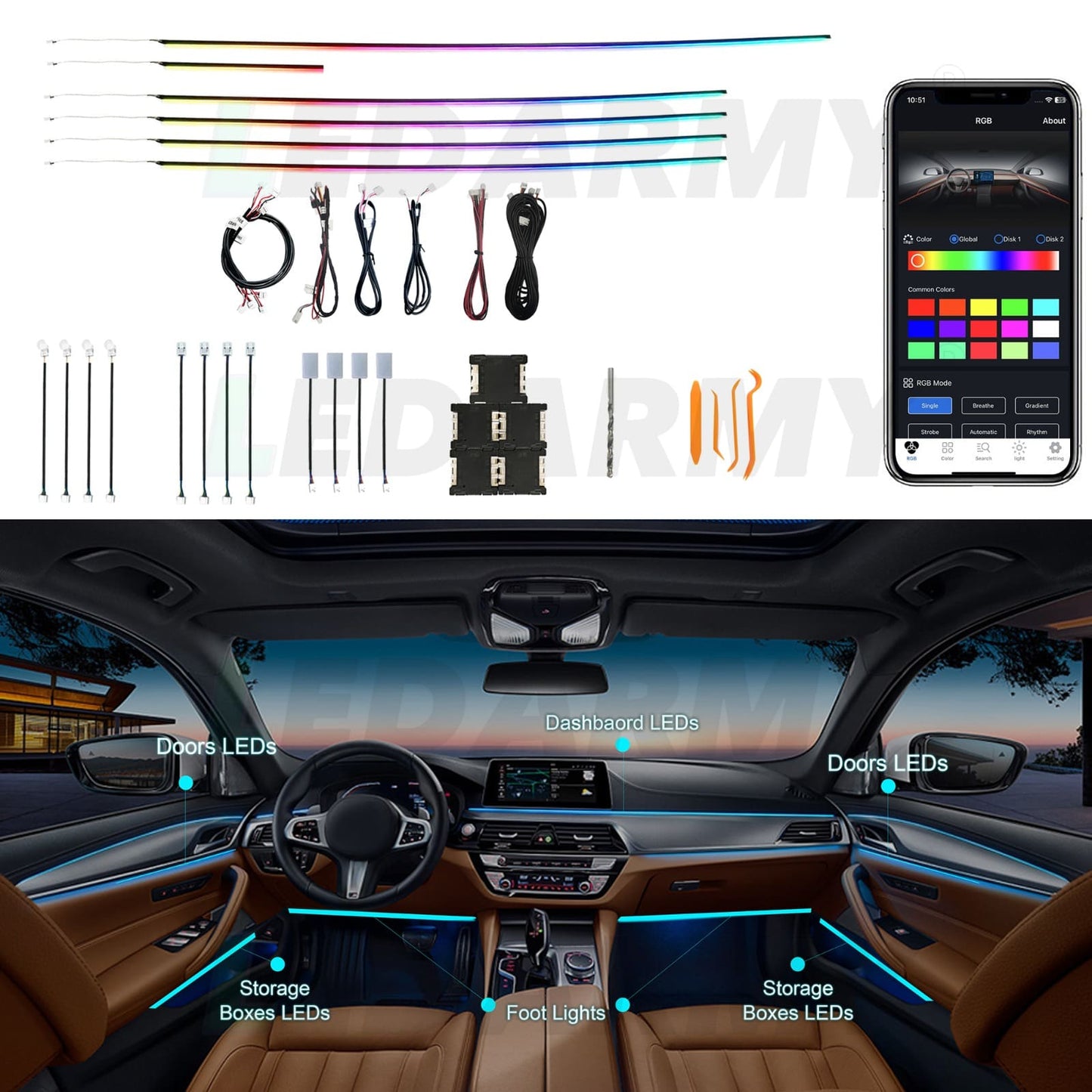RGB LED Ambientebeleuchtung Auto Komplettset 18-Teiliges Innenraum Licht Kit mit App Steuerung & Montagezubehör Universal