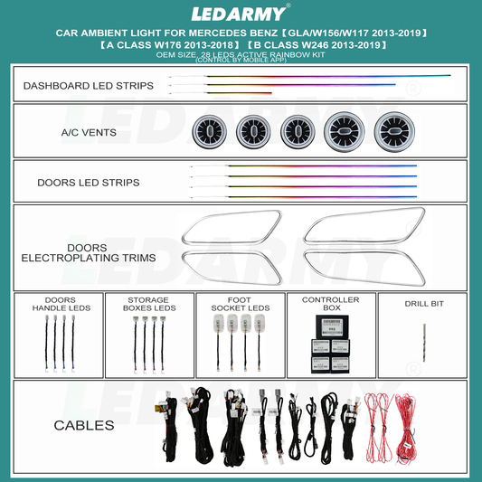 LED Ambientebeleuchtung Innenraum Set für Mercedes A-Klasse W176 / CLA C117 / GLA X156 / B-Klasse W246 RGB Lüftungsdüsen & Interieur Licht Kit App-Steuerung